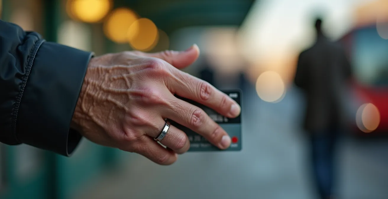 Détail d'une main de senior tenant une carte de transport mosellane