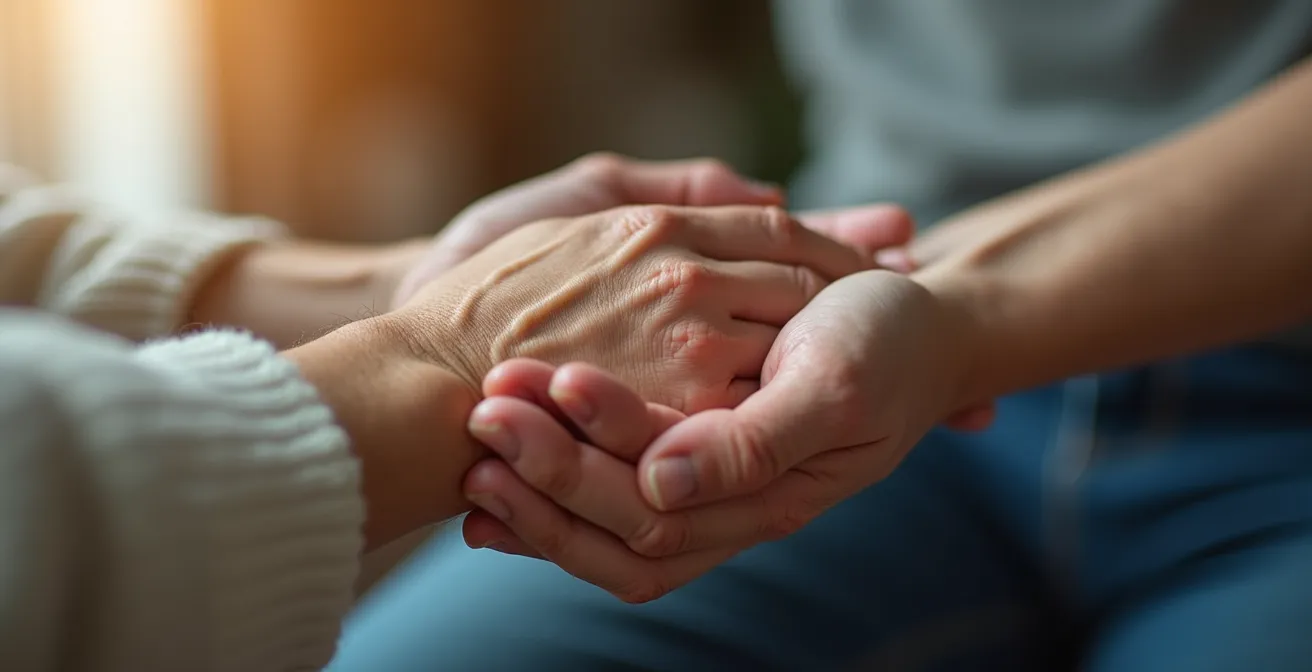 Main d'aide-soignant soutenant délicatement celle d'une personne âgée