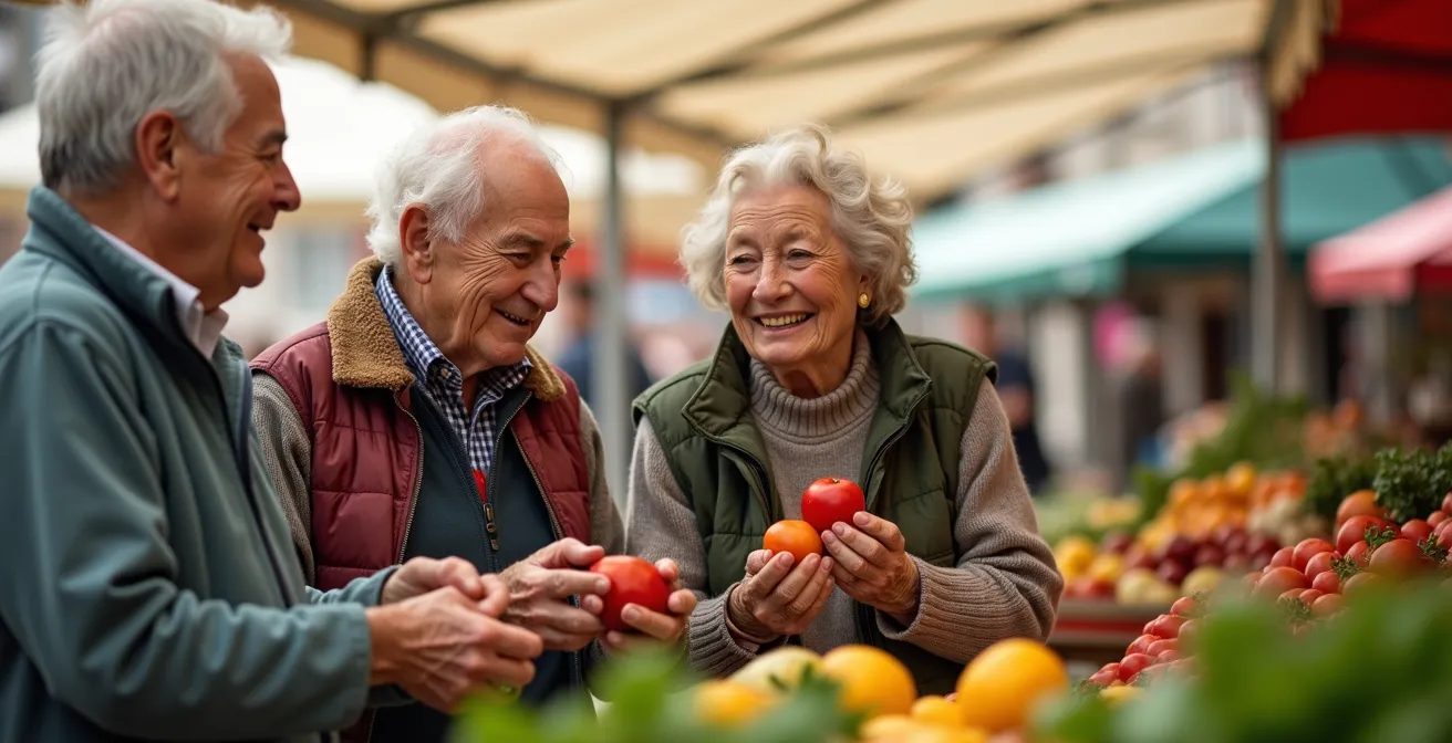Groupe de seniors mosellans partageant un moment convivial dans un marché local
