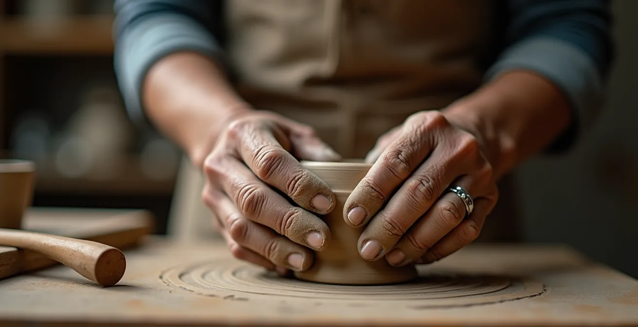 Gros plan sur des mains âgées modelant délicatement de l'argile avec concentration et précision