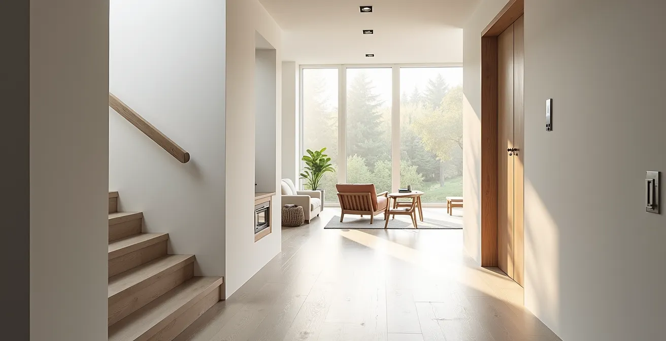 Intérieur moderne adapté aux seniors avec espaces ouverts et équipements sécurisés