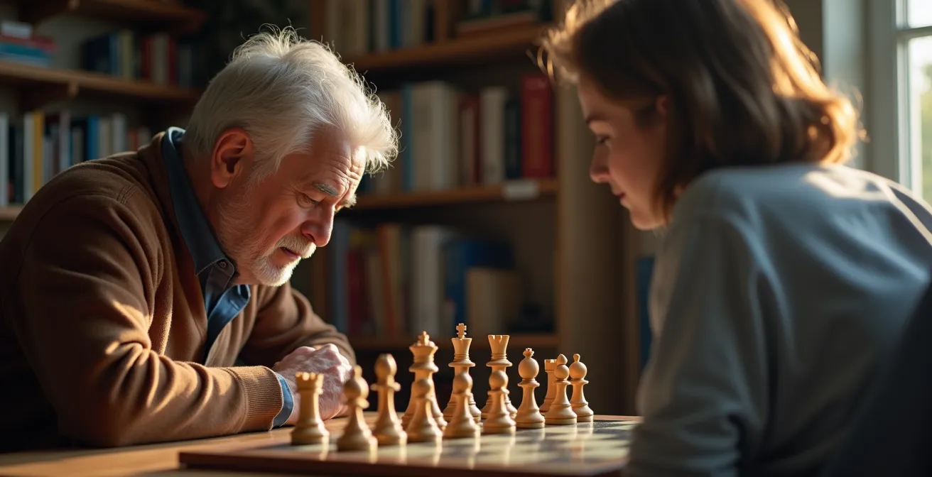 Personne âgée concentrée sur une activité intellectuelle dans un environnement chaleureux