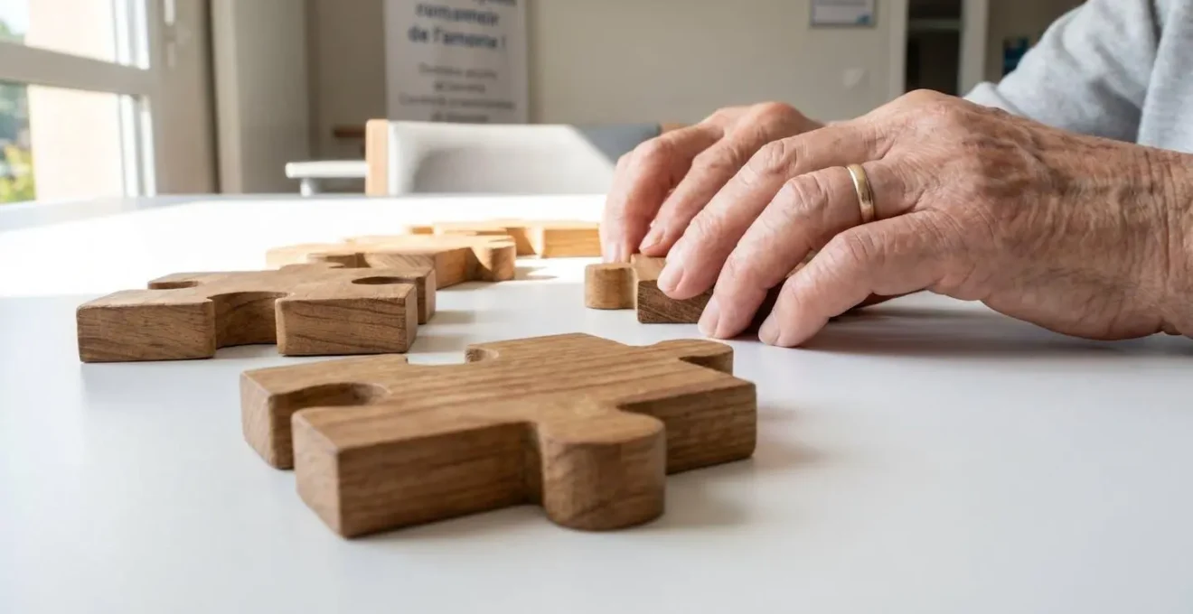 Gros plan sur des pièces de puzzle en bois disposées sur une table blanche d