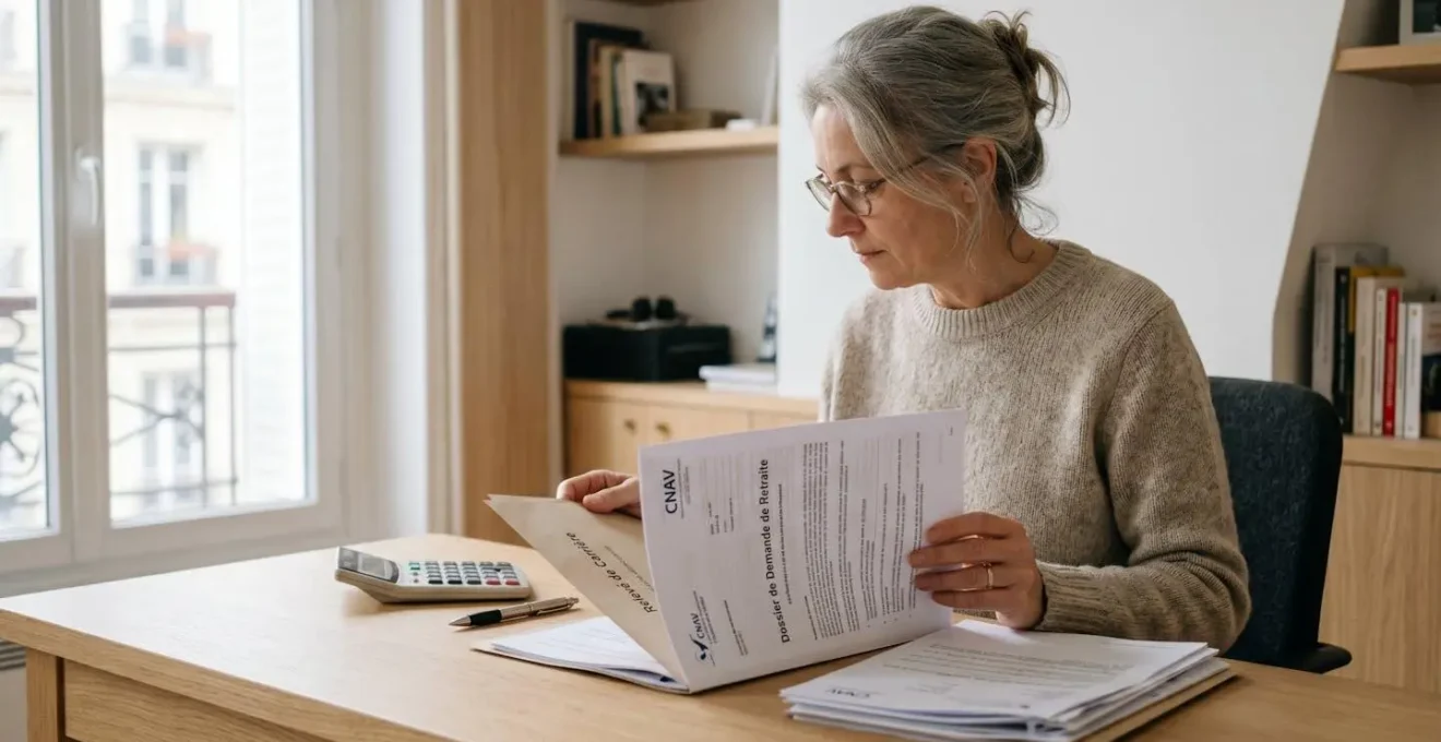 Personne consultant son relevé de carrière sur un bureau avec documents administratifs dans un intérieur contemporain