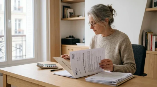 Personne consultant son relevé de carrière sur un bureau avec documents administratifs dans un intérieur contemporain